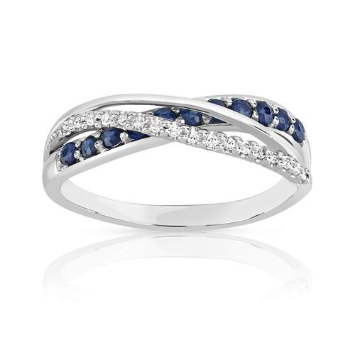 Bague or 750 blanc anneaux entrelacés saphirs et diamants
