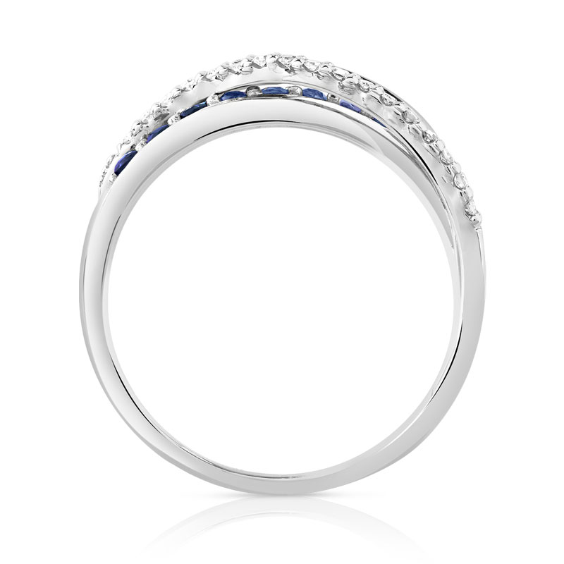 Bague or 750 blanc anneaux entrelacés saphirs et diamants - vue 2