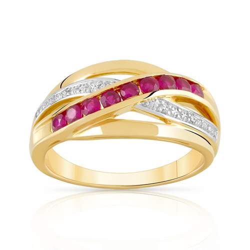 Bague or 750 2 tons anneaux entrelacés rubis et diamants