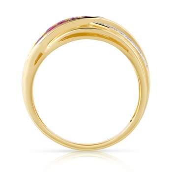 Gold 750 2 tone ring with intertwined ruby and diamond rings