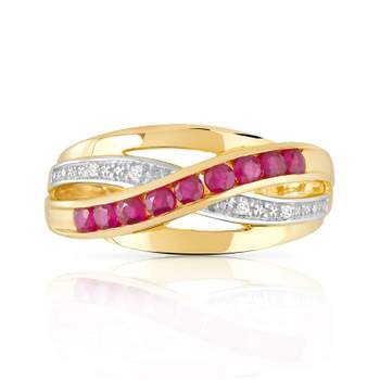 Gold 750 2 tone ring with intertwined ruby and diamond rings