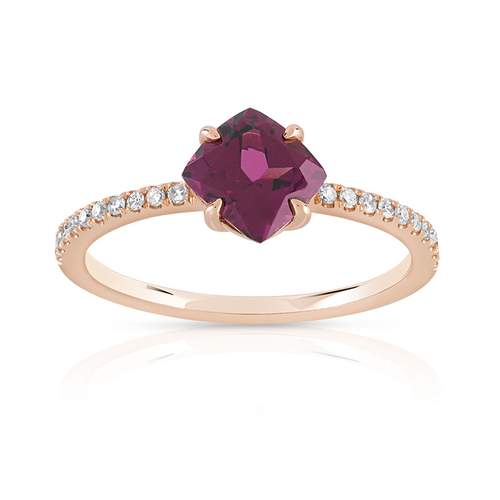 Bague or 375 rose grenat rhodolite carrée et diamants