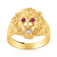 Chevalière or 375 jaune tête de lion rubis et diamant