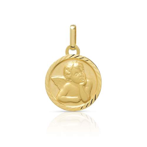 Aanpasbare 375 geelgouden medaille met rand in diamantpatroon, engel