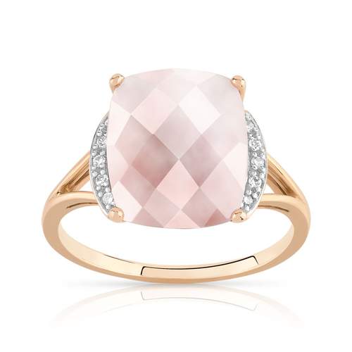 Bague or 375 rose quartz rose rectangulaire et diamants