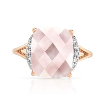 Rectangular pink quartz and diamonds ring in 375 rose gold