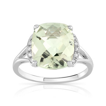 Bague or 375 blanc quartz vert carrée et diamants
