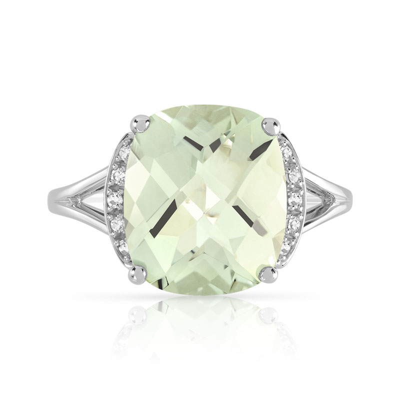 Bague or 375 blanc quartz vert carrée et diamants - vue 3
