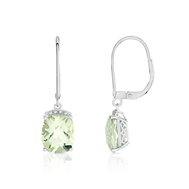 Boucles d'oreilles or 375 blanc dormeuses quartz verts et diamants