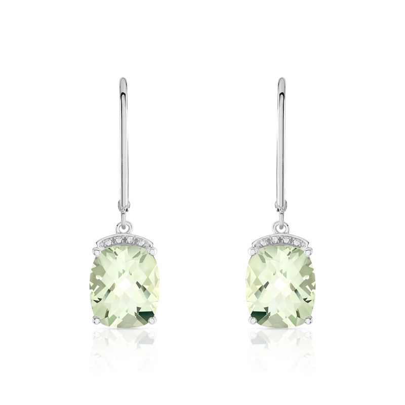 Boucles d'oreilles or 375 blanc dormeuses quartz verts et diamants - vue D1