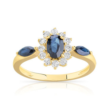Bague or 375 2 tons saphirs ovales et topazes blanches traitées