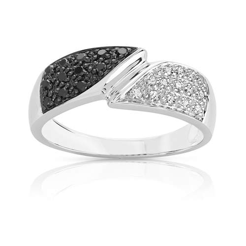 Bague or 375 blanc diamants noirs traités et diamants blancs