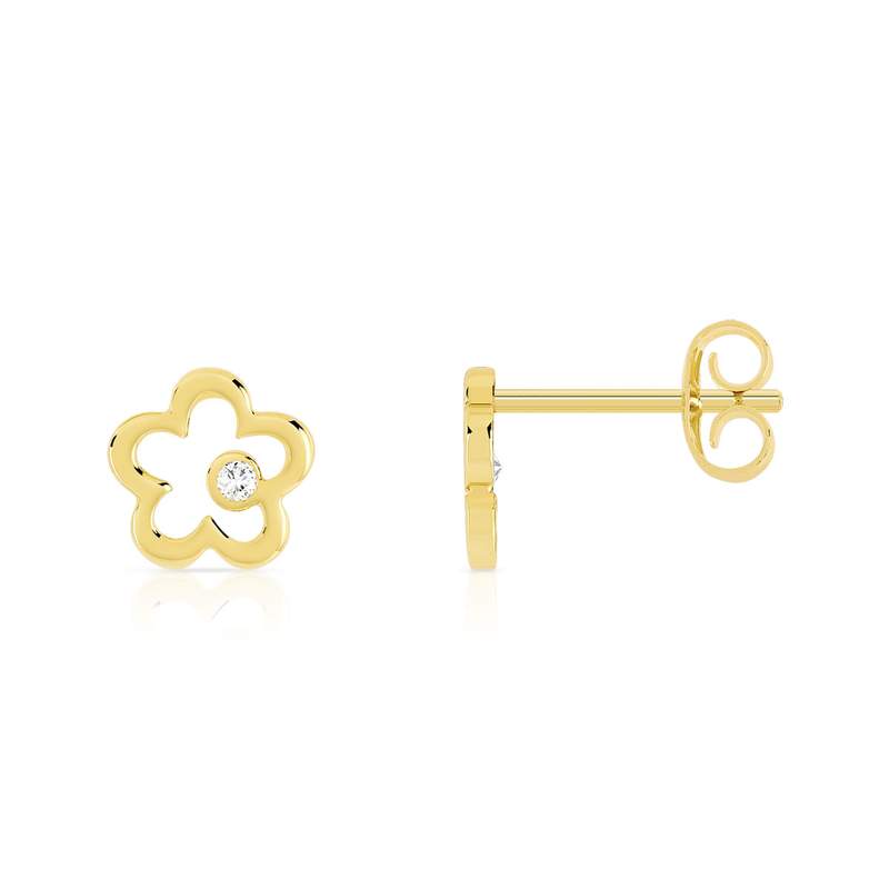 Boucles d'oreilles or 375 jaune fleurs ajourées zirconias - vue 1