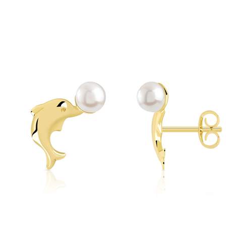 Boucles d'oreilles or 375 jaune dauphins perles de culture de Chine