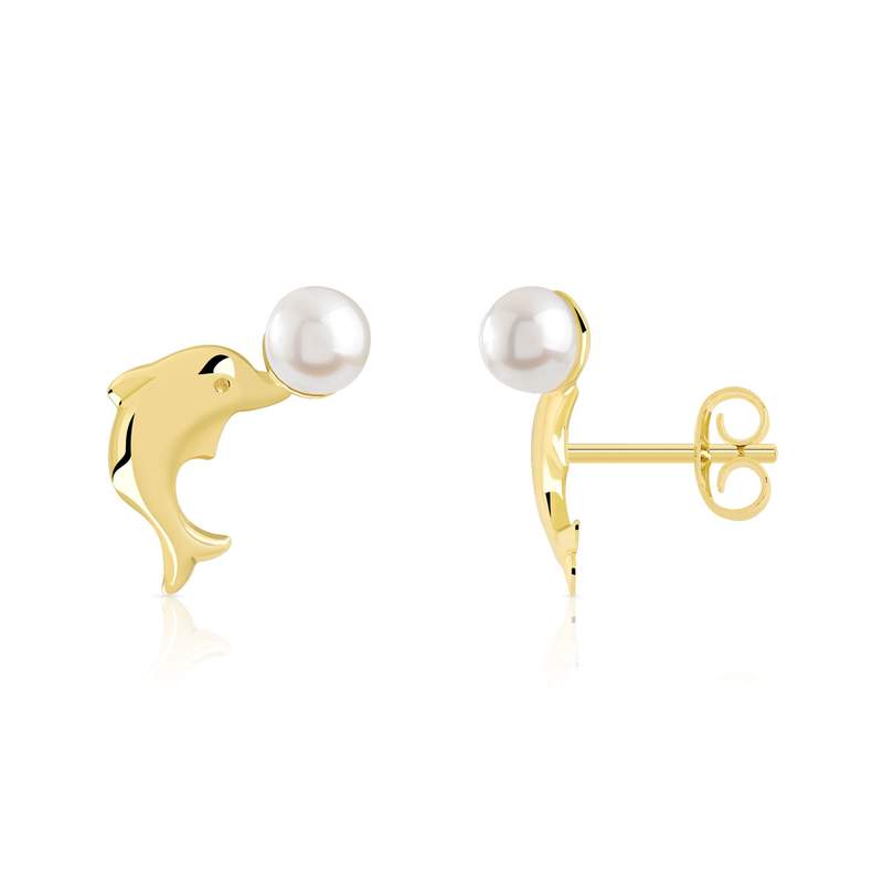 Boucles d'oreilles or 375 jaune dauphins perles de culture de Chine - vue 1