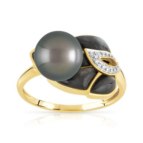 Gold ring 375 2 tone mother-of-pearl leaf Tahitian cultured pearl and diamonds