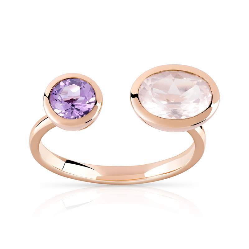 Bague or 375 rose améthyste et quartz rose - vue 1
