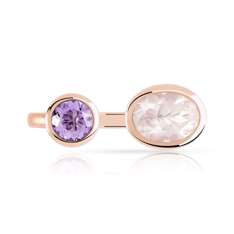 Bague or 375 rose améthyste et quartz rose - vue 3