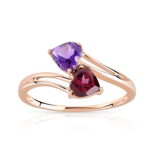 Bague or 375 rose grenat rhodolite et améthystes coeurs