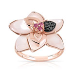 Bague or 375 rose fleur grenats rhodolites diamants noirs traités et nacre rose - vue 1