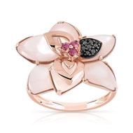 Bague or 375 rose grenat rhodolite diamant noir et nacre