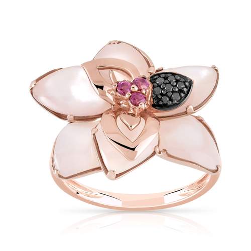 375 rose gold ring with rhodolite garnets, treated black diamonds, and pink mother-of-pearl