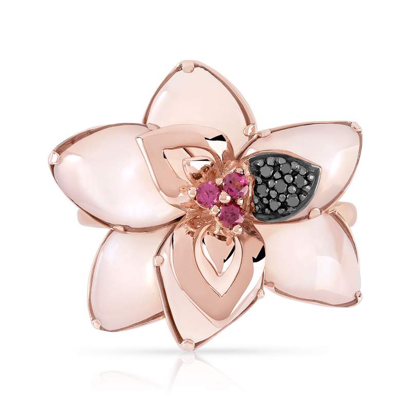 Bague or 375 rose fleur grenats rhodolites diamants noirs traités et nacre rose - vue 3