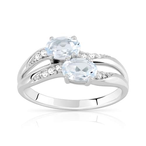 Bague or 375 blanc aigues-marines ovales et diamants