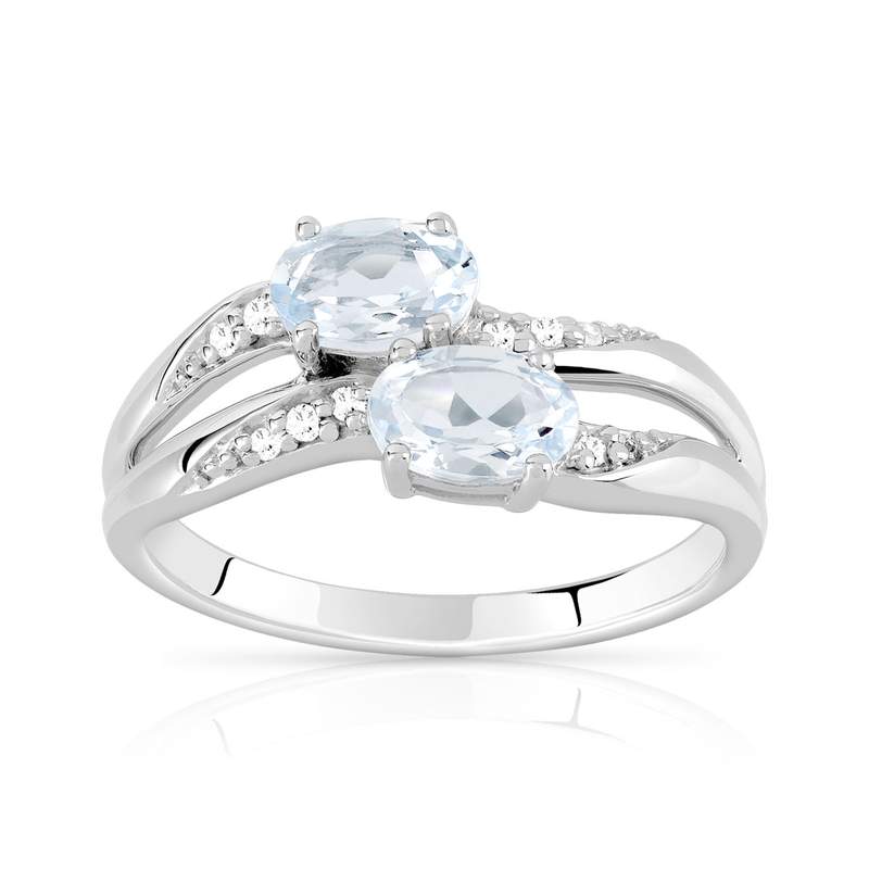 Bague or 375 blanc aigues-marines ovales et diamants - vue 1