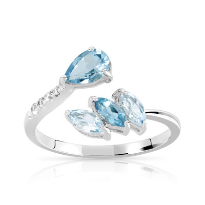 Bague or 375 blanc topaze bleue traitée et zirconia - vue V1
