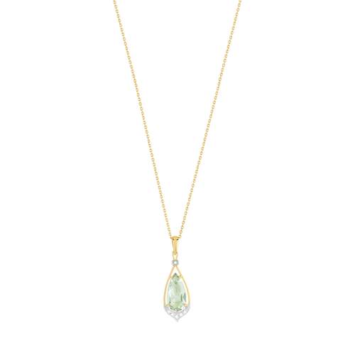 Gold necklace 375 2 tones green quartz pear cut and diamonds 45 cm