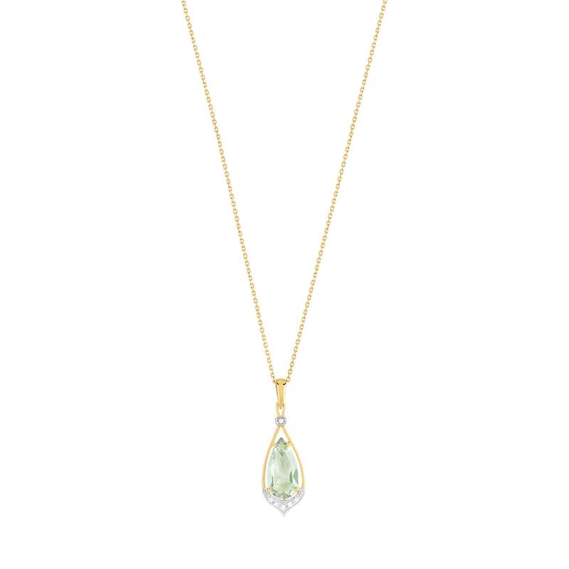 Collier or 375 2 tons quartz vert taille poire et diamants 45 cm - vue 1