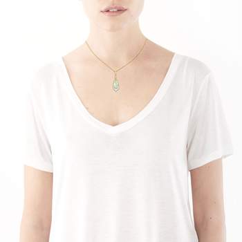 Gold necklace 375 2 tones green quartz pear cut and diamonds 45 cm