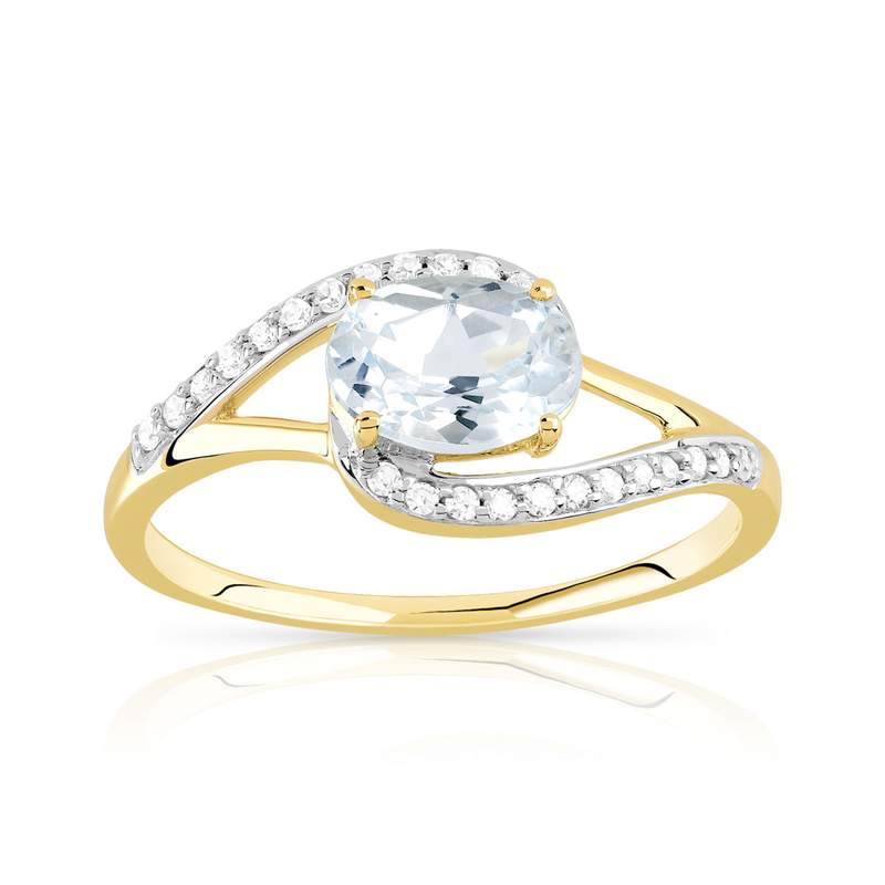 Bague or 375 2 tons ajourée topaze bleue traitée ovale et diamants - vue 1