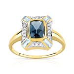 Bague or 375 2 tons topaze london blue rectangulaire et bleues traitées et diamants - vue 1