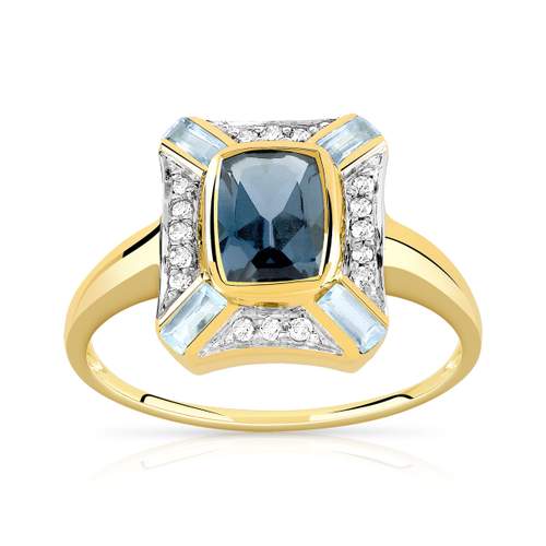 Bague or 375 2 tons topaze london blue rectangulaire et bleues traitées et diamants