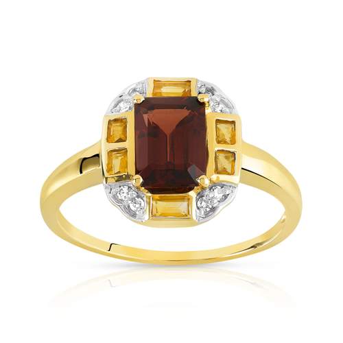 Bague or 375 2 tons grenat citrines et diamants