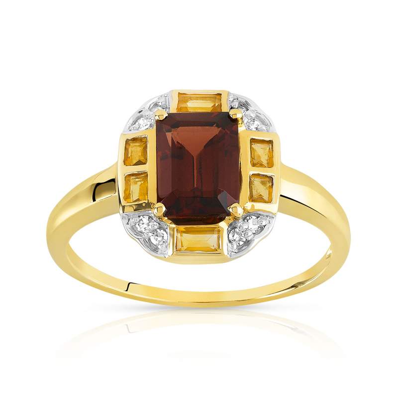 Bague or 375 2 tons grenat citrines et diamants - vue 1