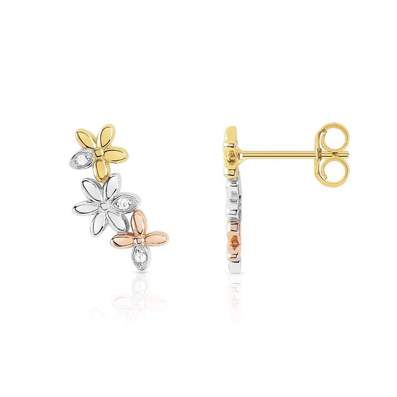 Boucles d'oreilles or 375 3 tons fleurs diamants - vue 1