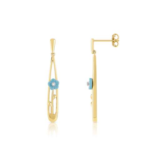 Boucles d'oreilles or 375 jaune turquoise et diamant