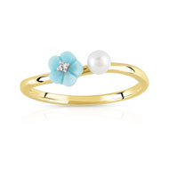 Bague or 375 jaune perle de culture turquoise diamant
