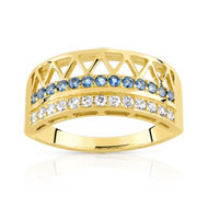 Bague or 375 jaune topaze bleue traitée et zirconia