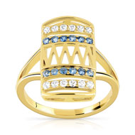 Bague or 375 jaune topaze bleue traitée et zirconia
