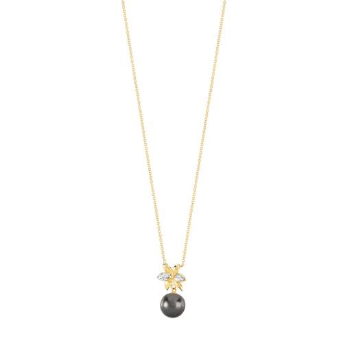 Collier or 375 2 tons fleur perle de culture de Tahiti et diamants 45 cm