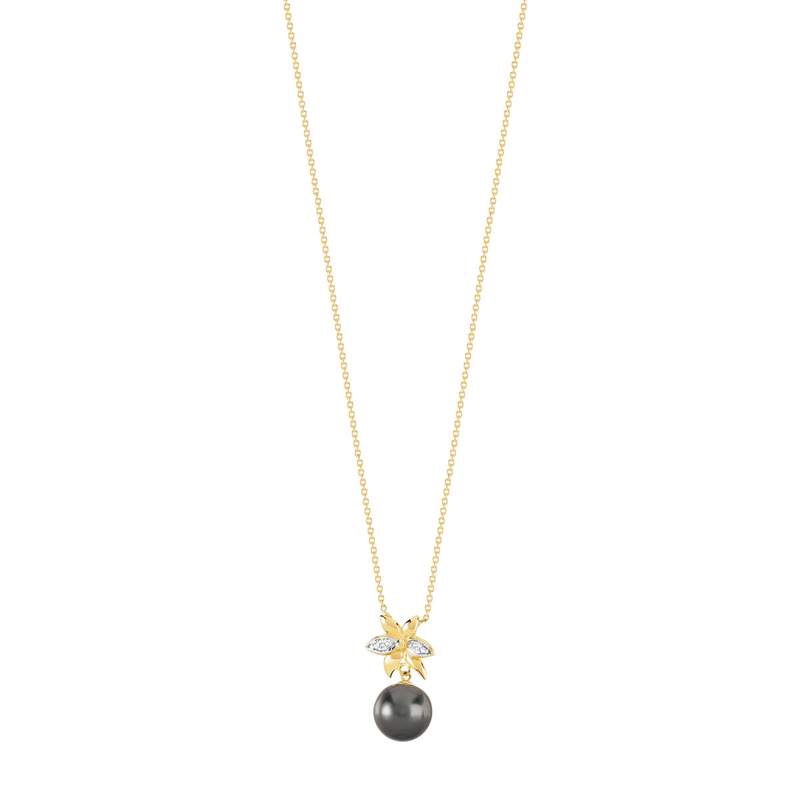 Collier or 375 2 tons fleur perle de culture de Tahiti et diamants 45 cm - vue 1