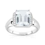 Bague or 375 blanc aigue-marine rectangulaire et diamants - vue 1