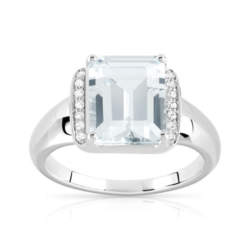 Bague or 375 blanc aigue-marine rectangulaire et diamants