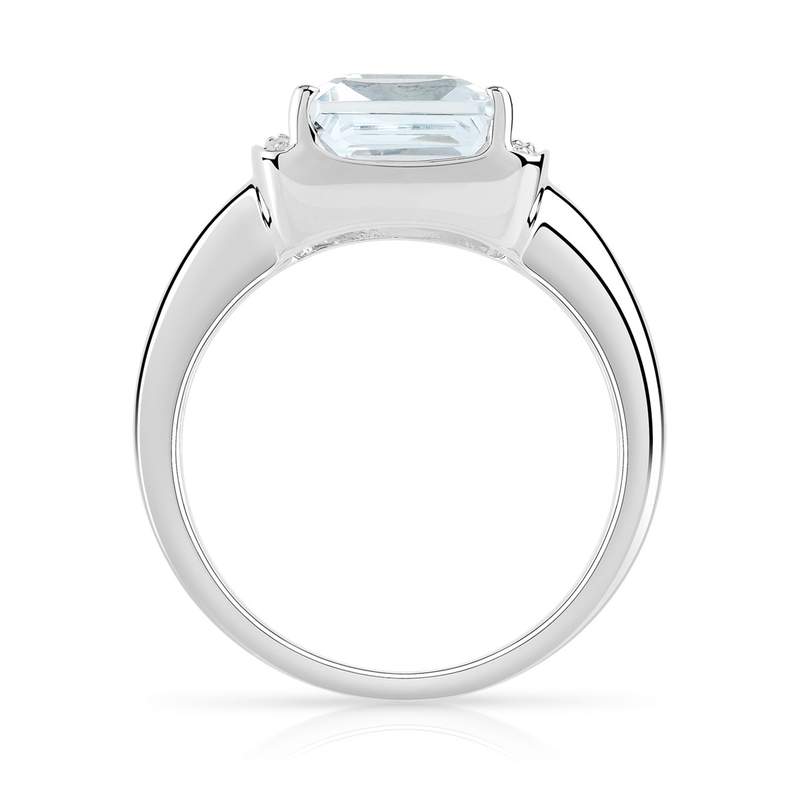 Bague or 375 blanc aigue-marine rectangulaire et diamants - vue 2