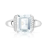 Bague or 375 blanc aigue-marine rectangulaire et diamants - vue 3
