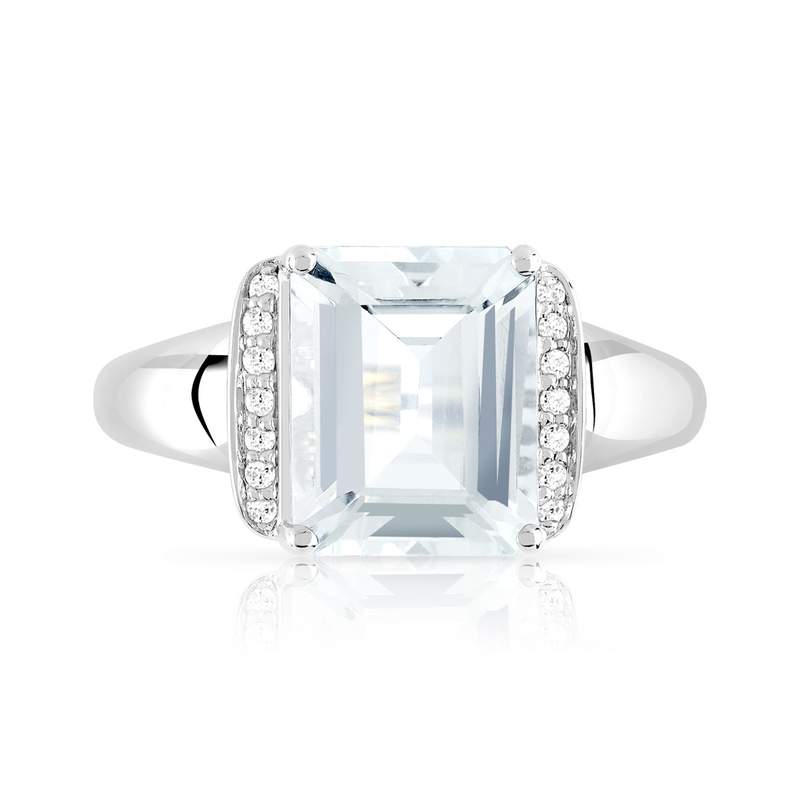 Bague or 375 blanc aigue-marine rectangulaire et diamants - vue 3